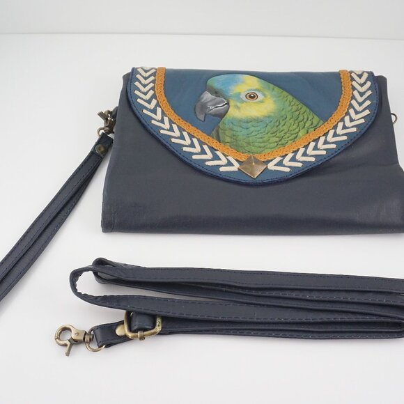 Handmade Hand Painted Leather Amazon Parrot Crossbody Wristlet Bag / Wallet - Picture 8 of 12